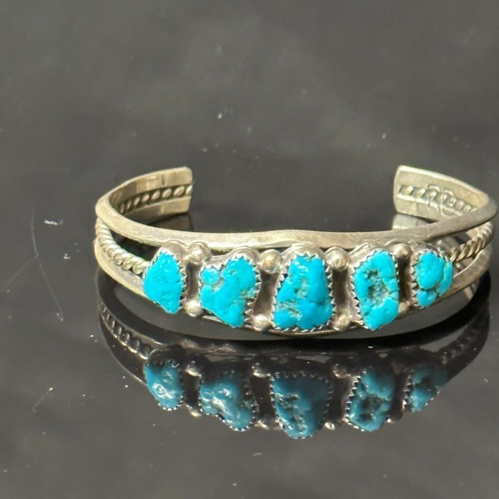 Native American Indian Sterling Silver Genuine Sleeping Beauty Turquoise Cuff - Picture 2 of 9